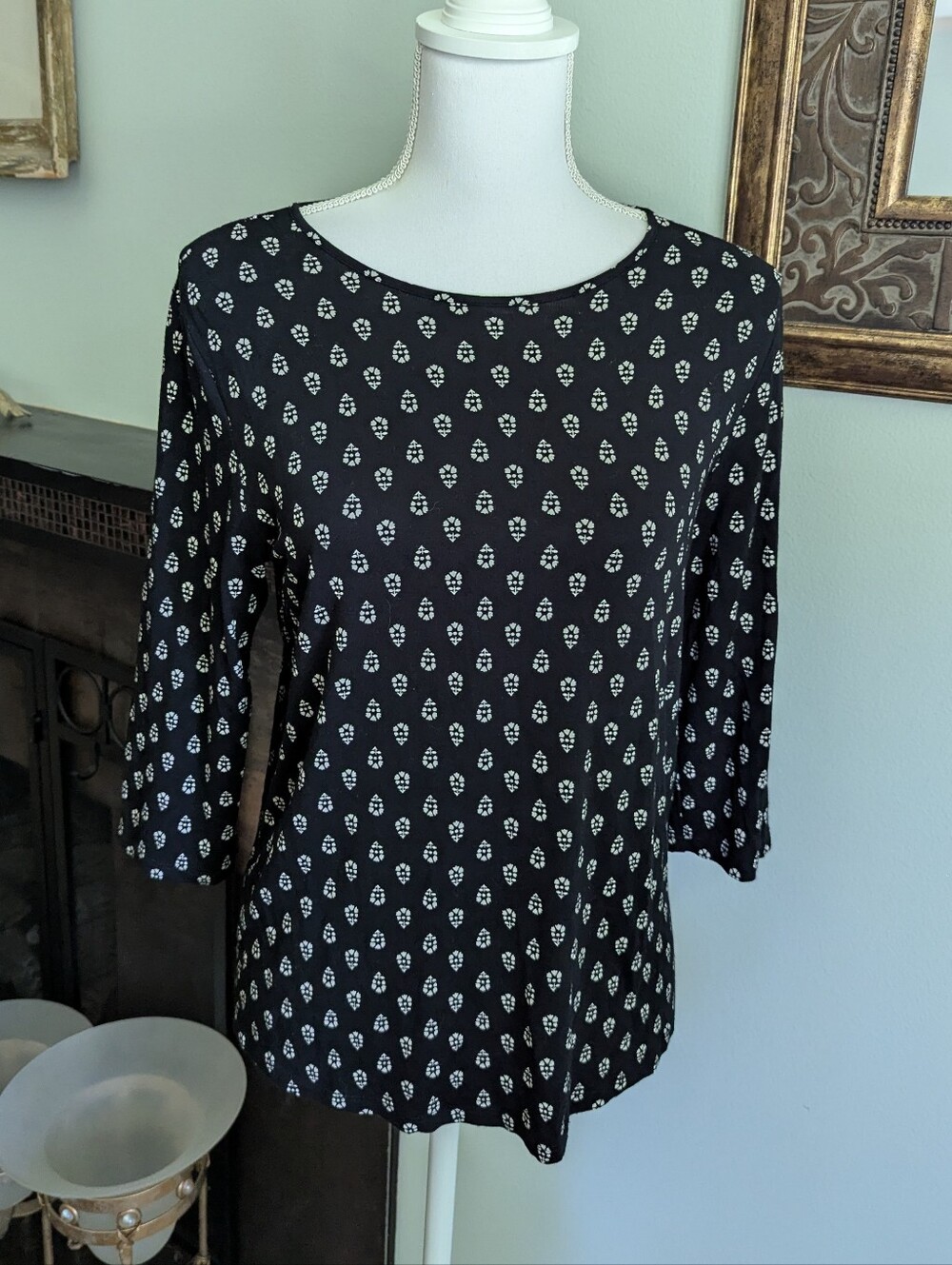 J.Jill Wearever Collection Women's Small Black White Patten 3/4 Sleeve Top